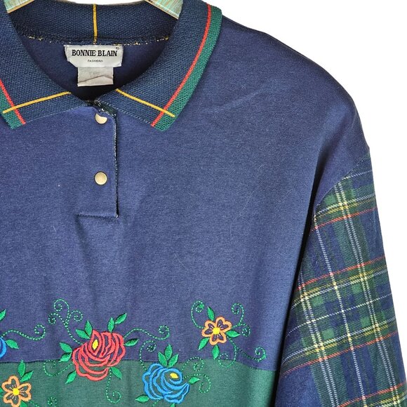 Vintage Bonnie Blain Collar Plaid Floral Contrasting Long Sleeve Shirt, EUC, 1X - Picture 3 of 5